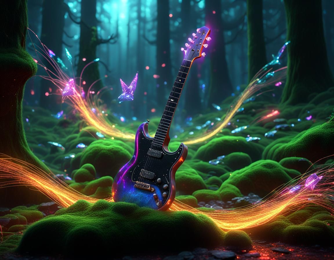 many glowing strands of old dusty guitar strings ,RGB,neon sparkles in the dust,fire florescent light behind iridescenc...