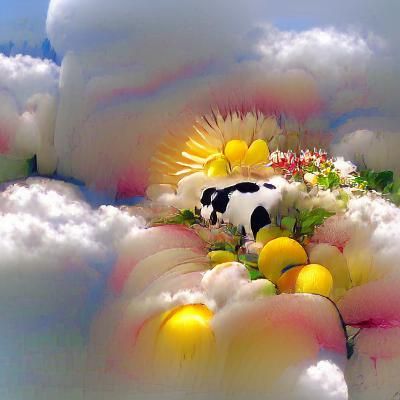 Cow in Serene Floral Landscape