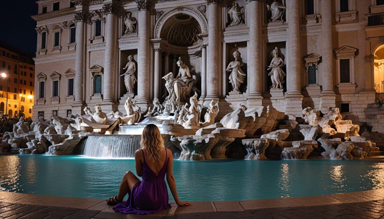 Blond Girl at Trevi Fountain by Night Surreal Art