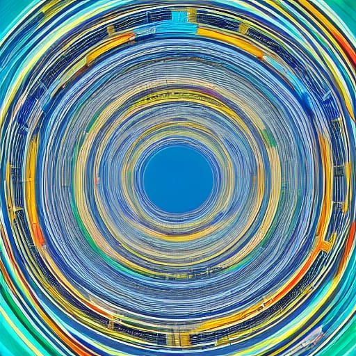 Person walking along a tiled Möbius strip floating in the sk...