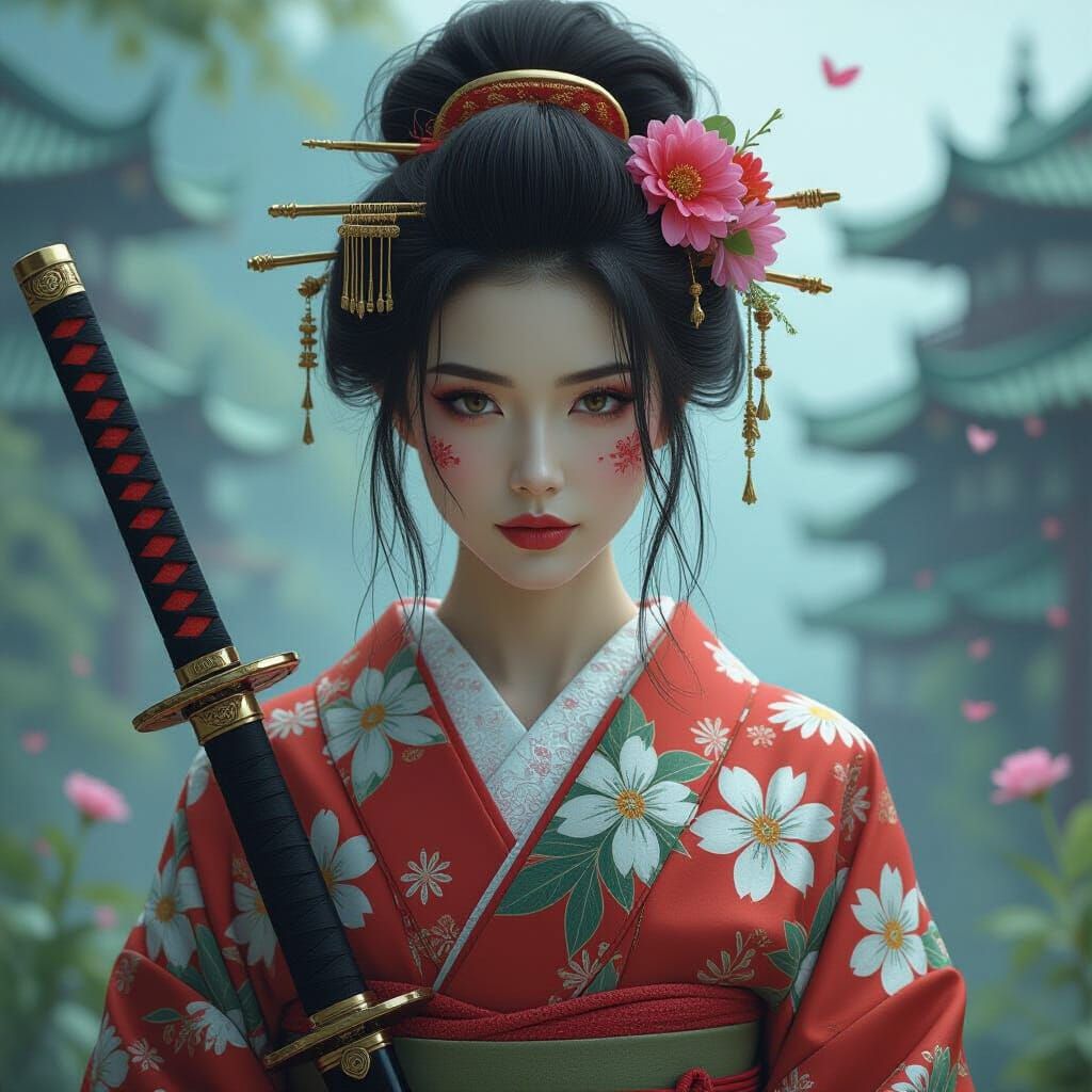 geisha, kimono, wildflowers in her messy wet hair, samurai s...