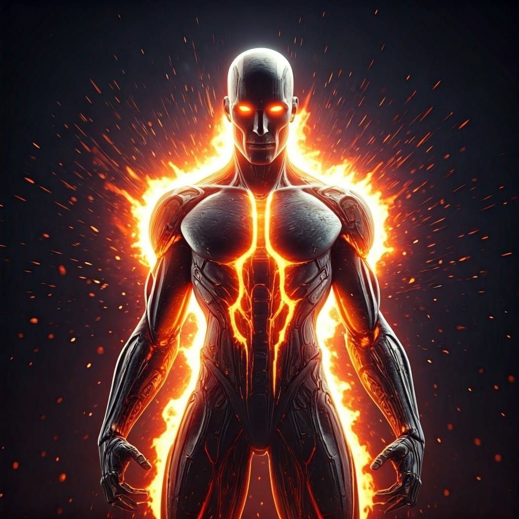 Surreal Android of Molten Metal in Fiery Eruption