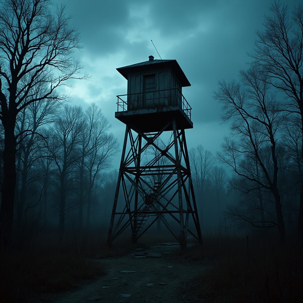 Mysterious Watchtower in Dark Forest at Dusk