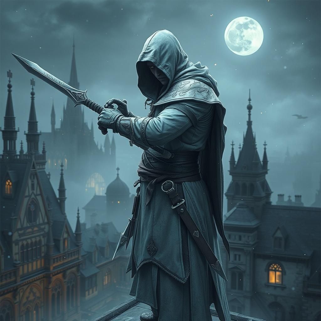 Medieval Fantasy Rogue in Heroic Stance, Wielding Shortsword...