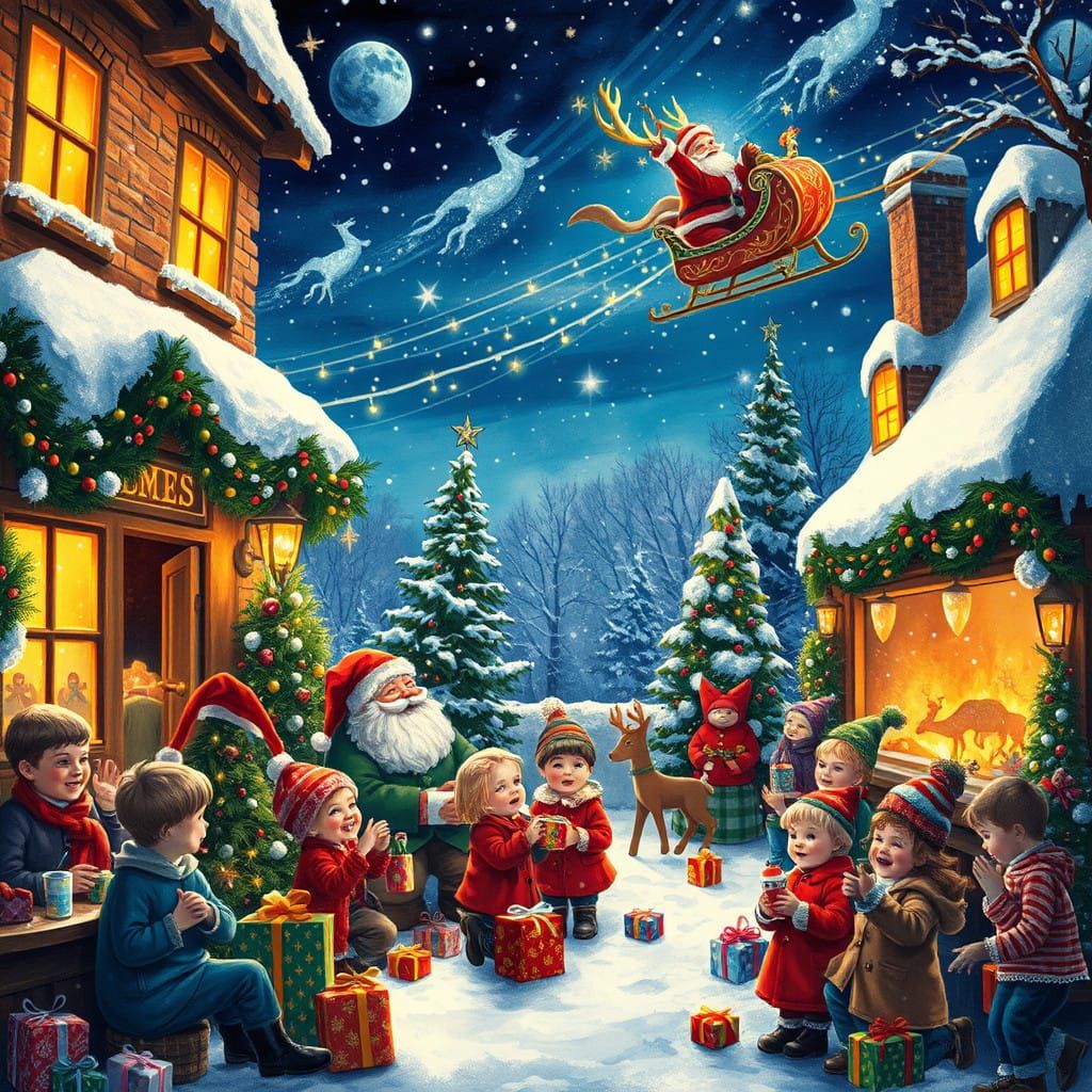 Whimsical Christmas Scene with Warm Golden Light and Festive...