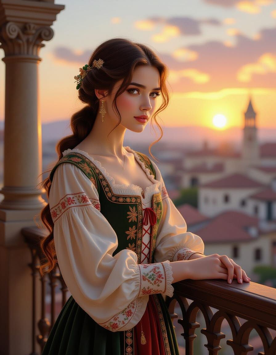 Young Woman in Medieval Gown on Ornate Balcony at Sunset