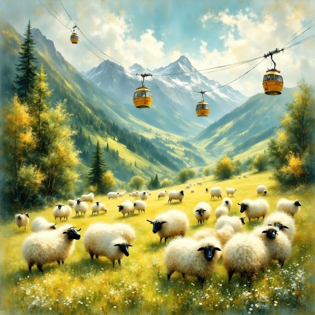 Whimsical Sheep Grazing in Swiss Alps Valley