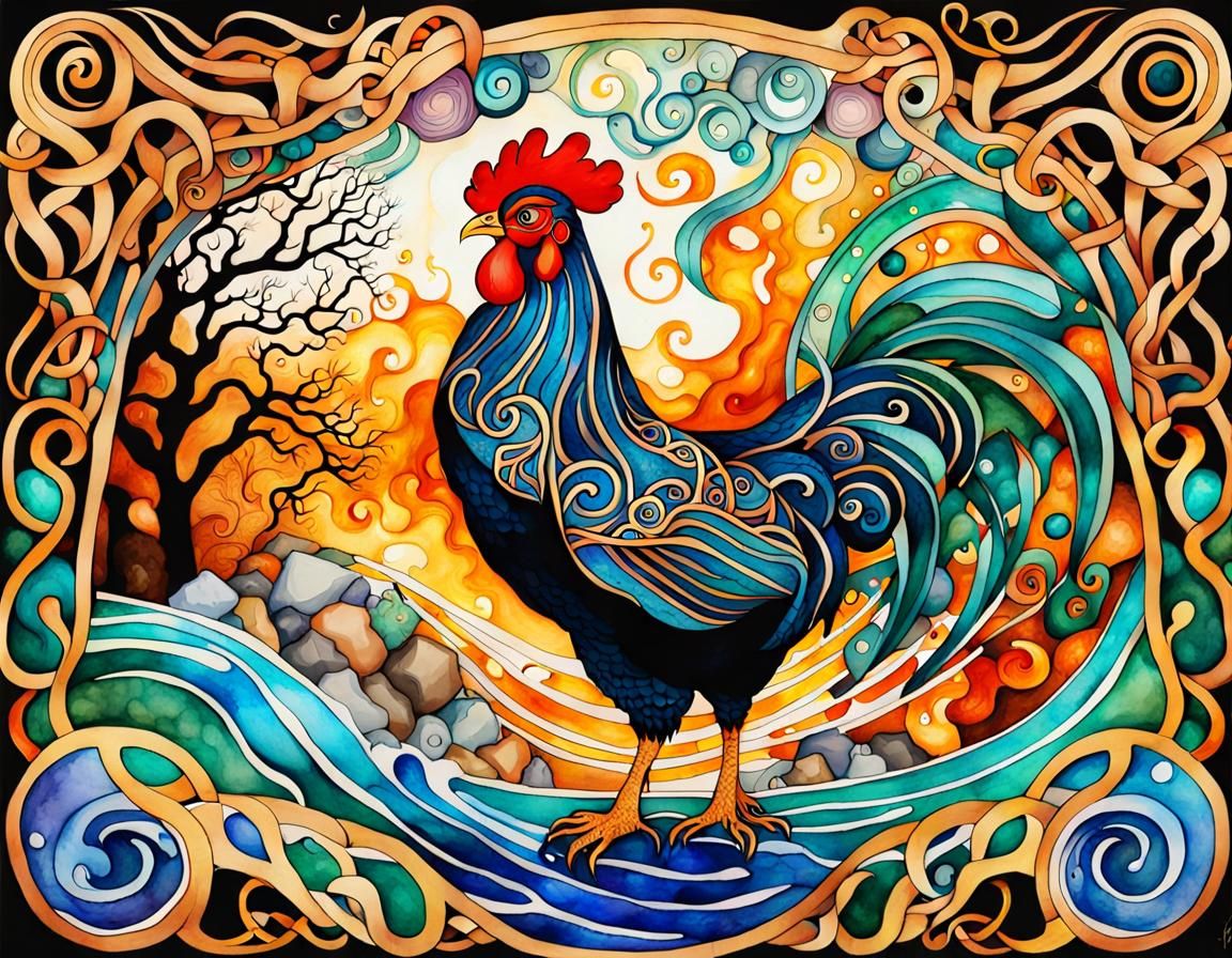 Celtic Rooster in Vibrant Nouveau Vague Art