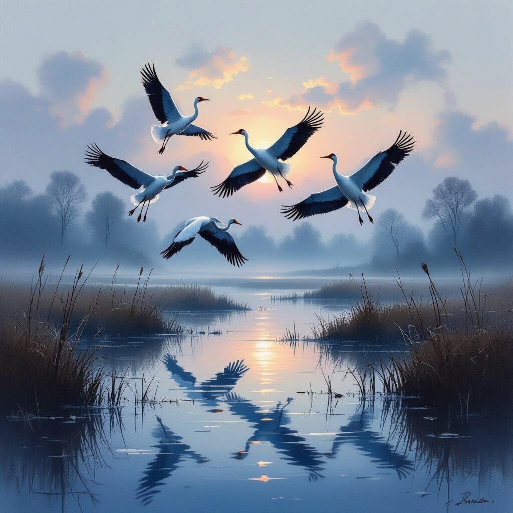 Cranes Take Flight Over Misty Marsh in Expressive Wash Style