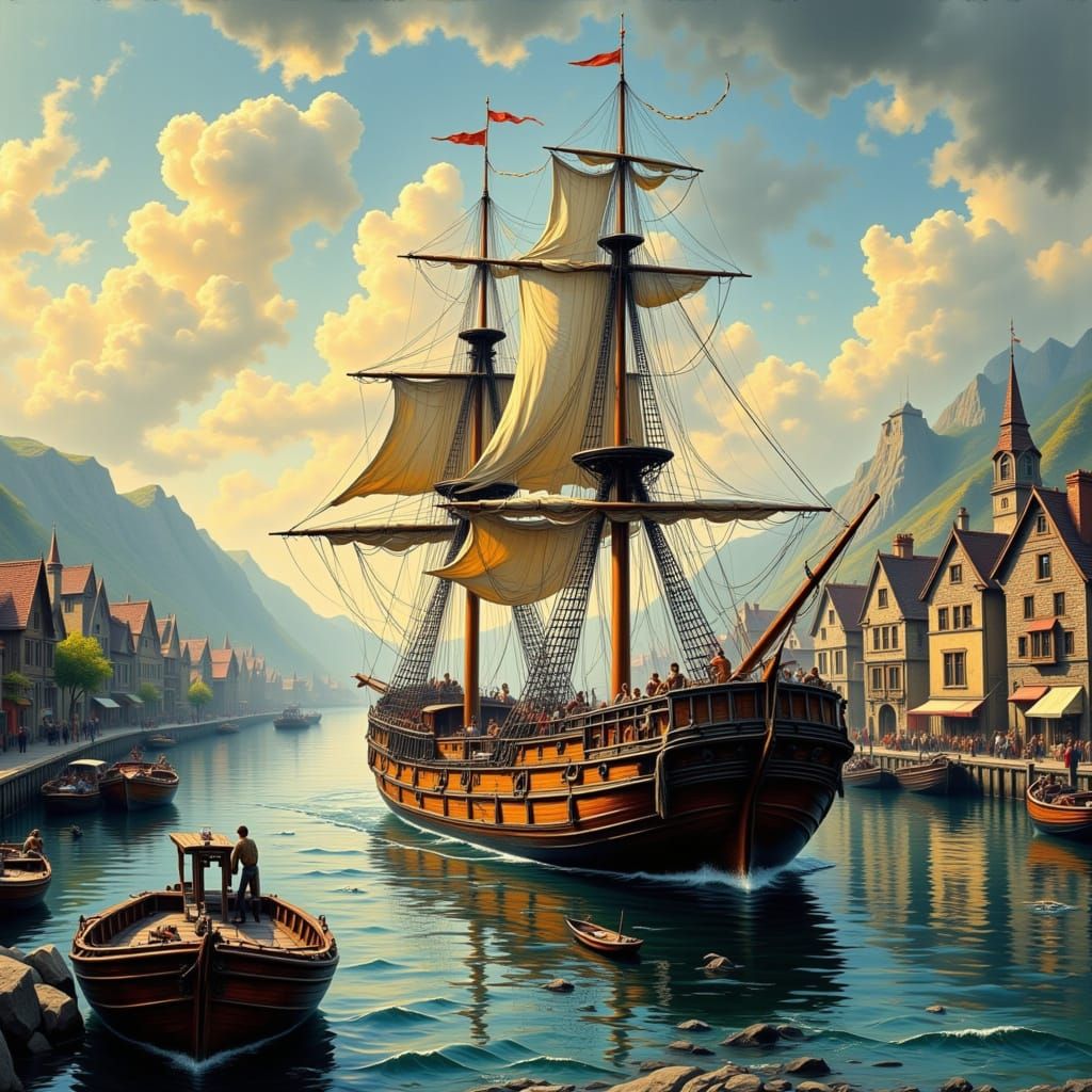 Pirate Ship Loading Cargo in Bustling Harbor Town