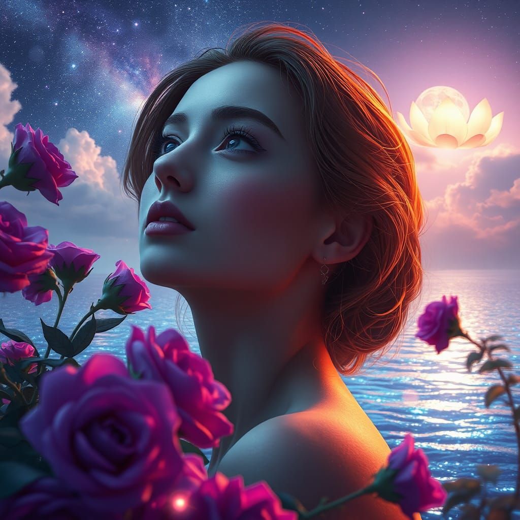 Serene Goddess Surrounded by Vibrant Purple Roses and Glowin...