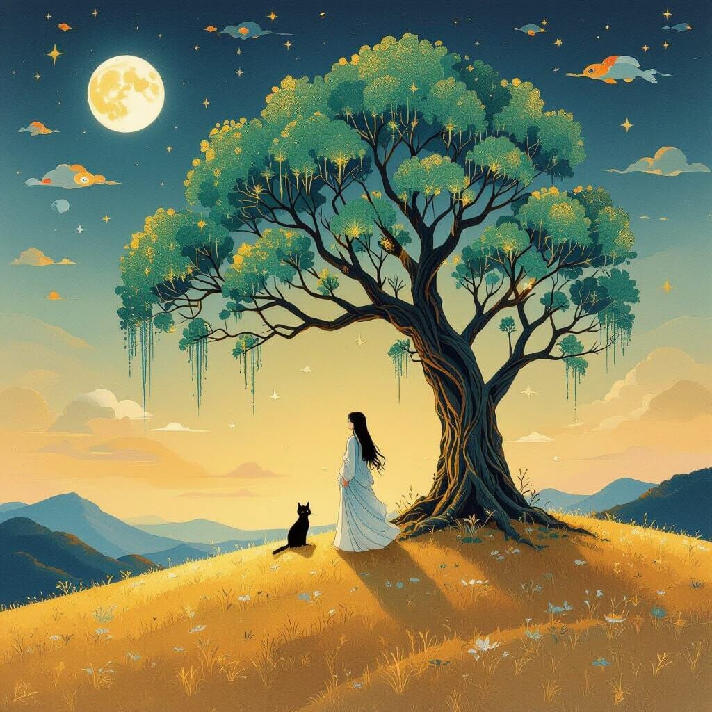 Surreal Twilight Scene with Moon-Eyed Cat in Ethereal Lighti...