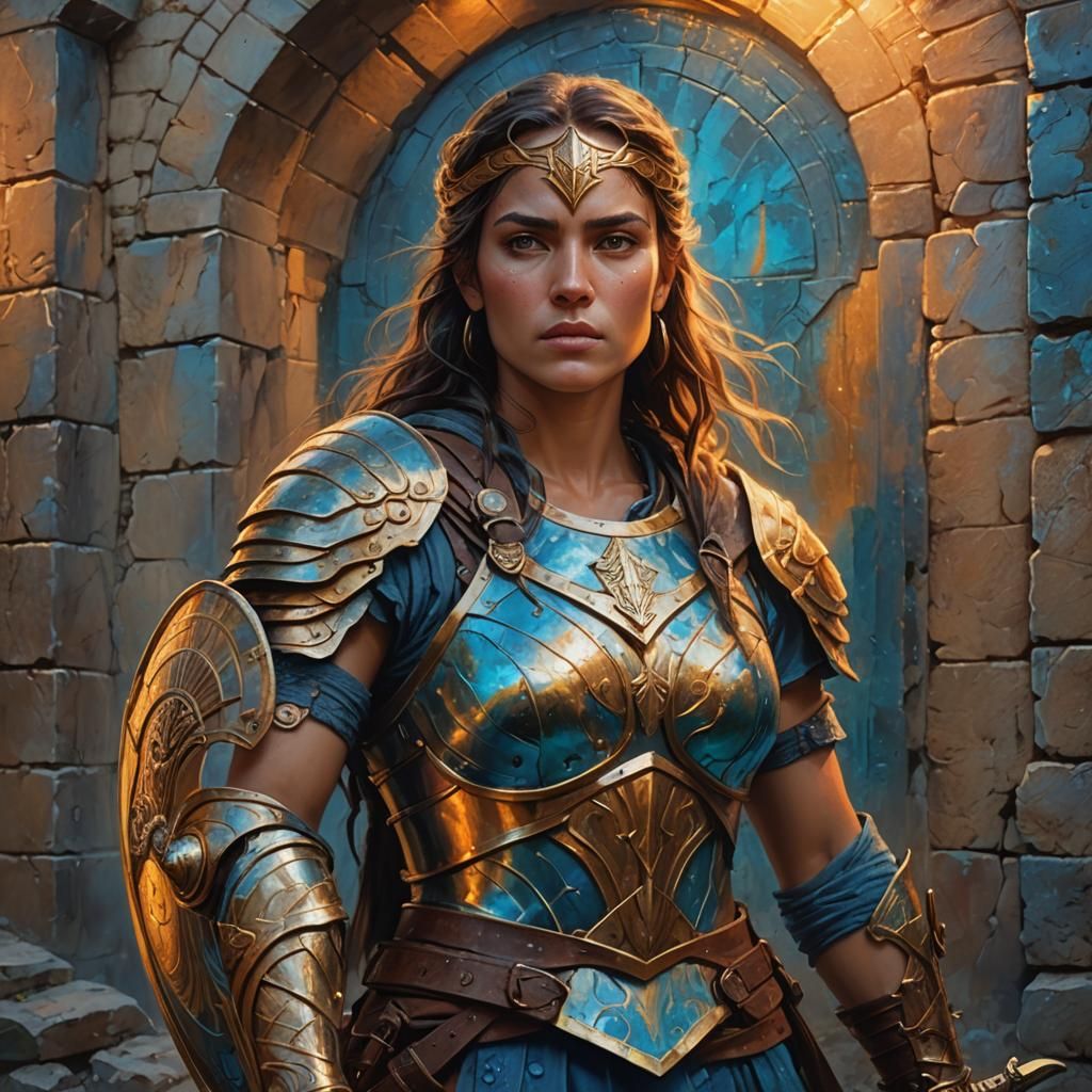 Ethereal Amazonian Warrior Amidst Ancient Troy's Ruins