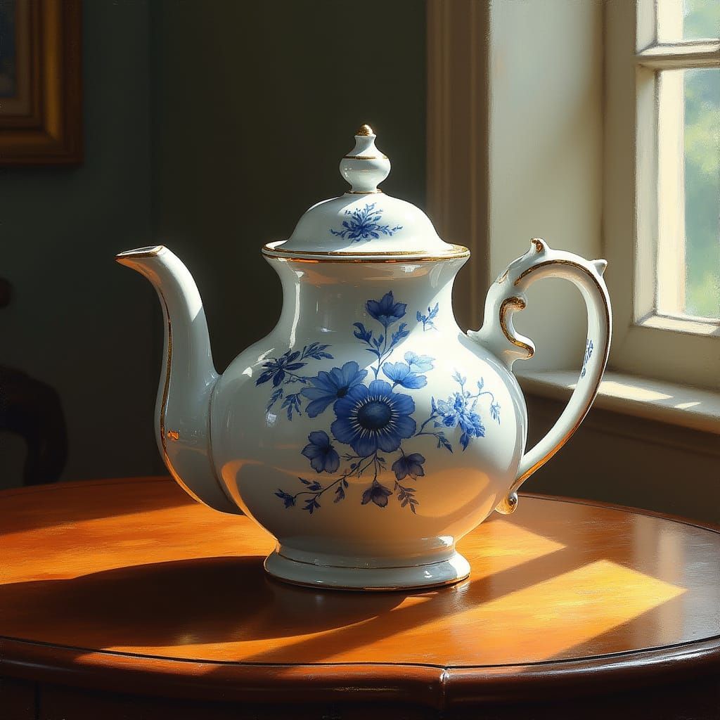 Ornate Porcelain Teapot in Vermeer Style