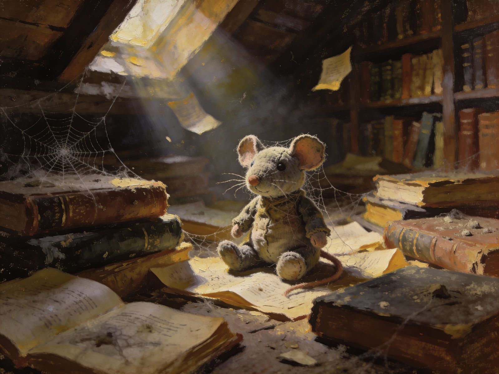 Weathered Mouse Toy in Dusty Attic Library