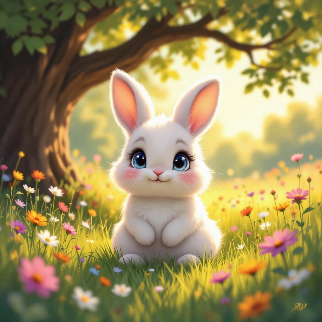 Cute Fluffy Bunny in Sunlit Meadow