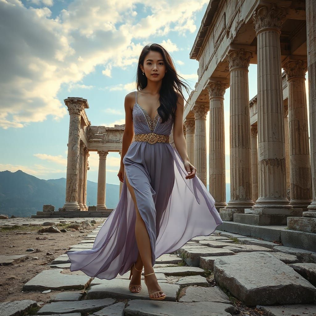 Filipina Woman in Ancient Greek Temple Ruins