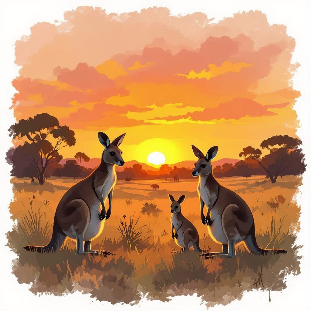 Kangaroo Family Watches Vibrant Sunset in Serene Landscape