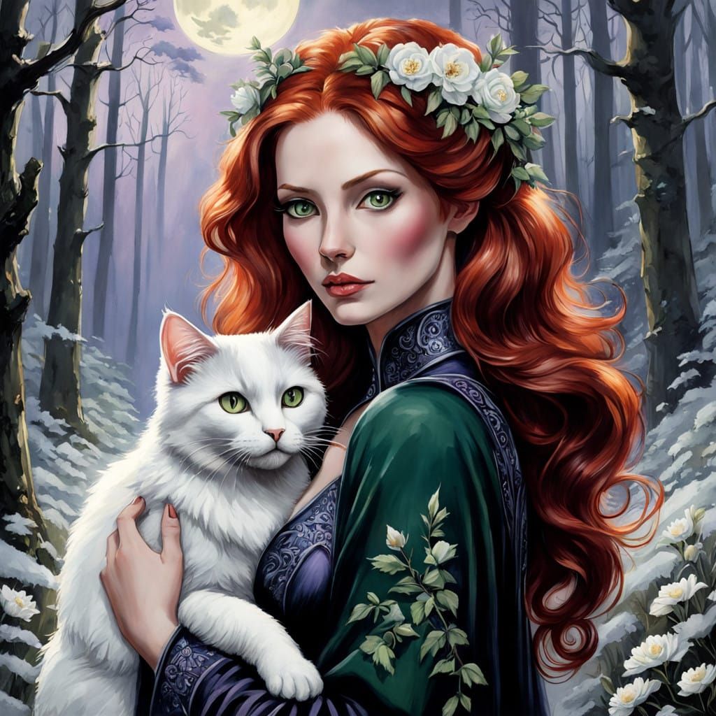 Goth Woman with White Cat in Winter Forest under Full Moon