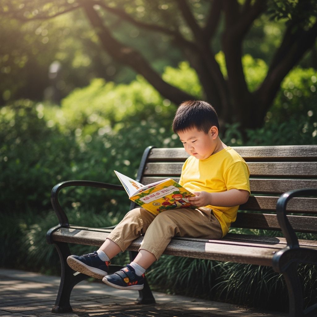 Boy Reading Book on Park Bench