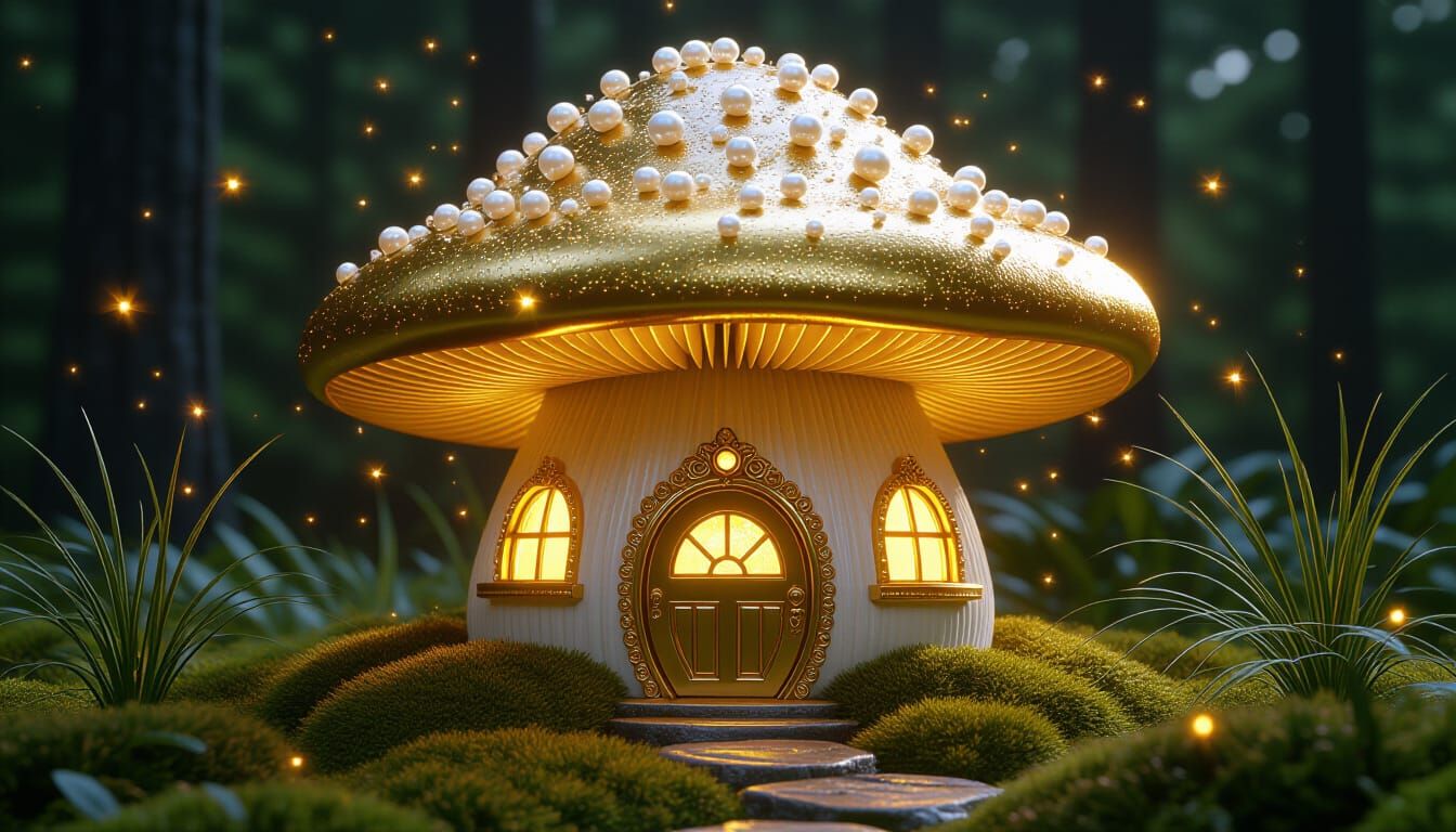 Golden Mushroom House Adorned with Gems and Pearls