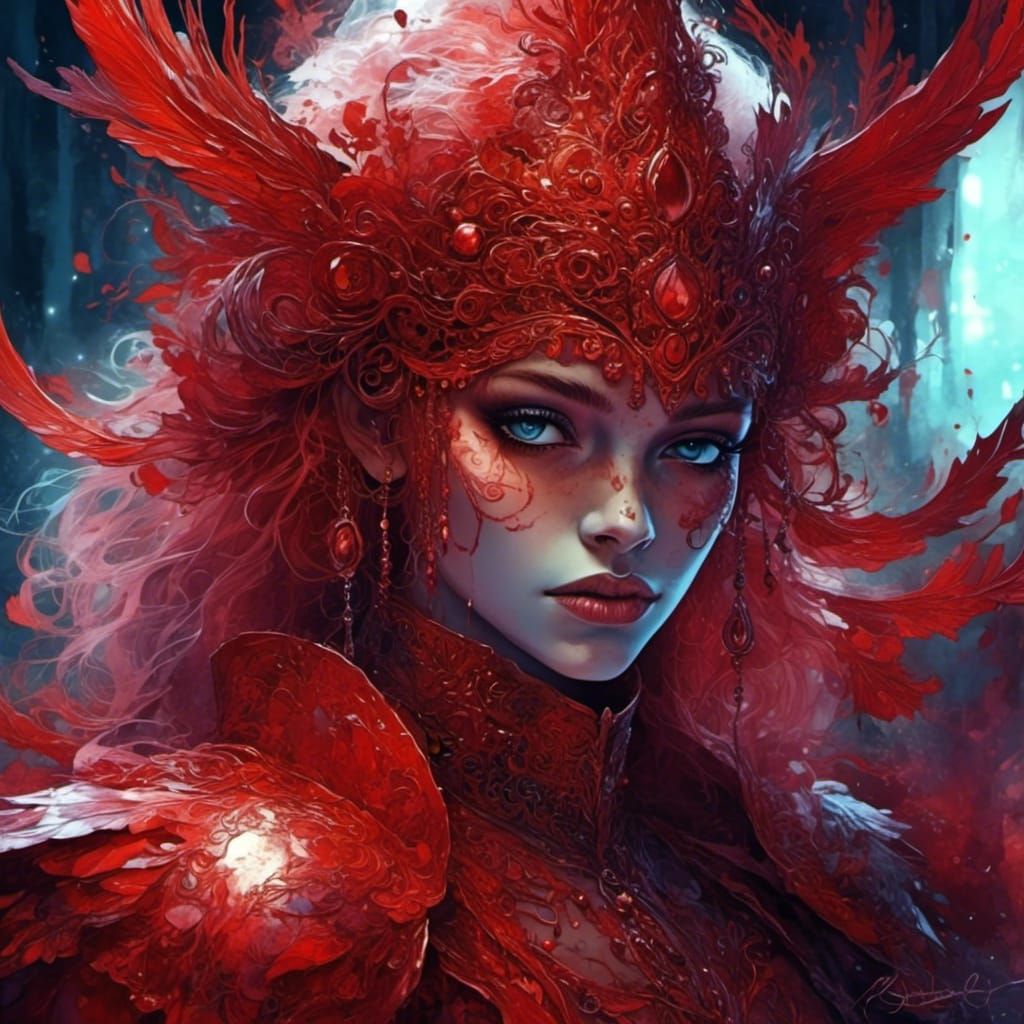 Sultry Portrait in Vibrant Red Hues, Metallic Eyes, and Elec...
