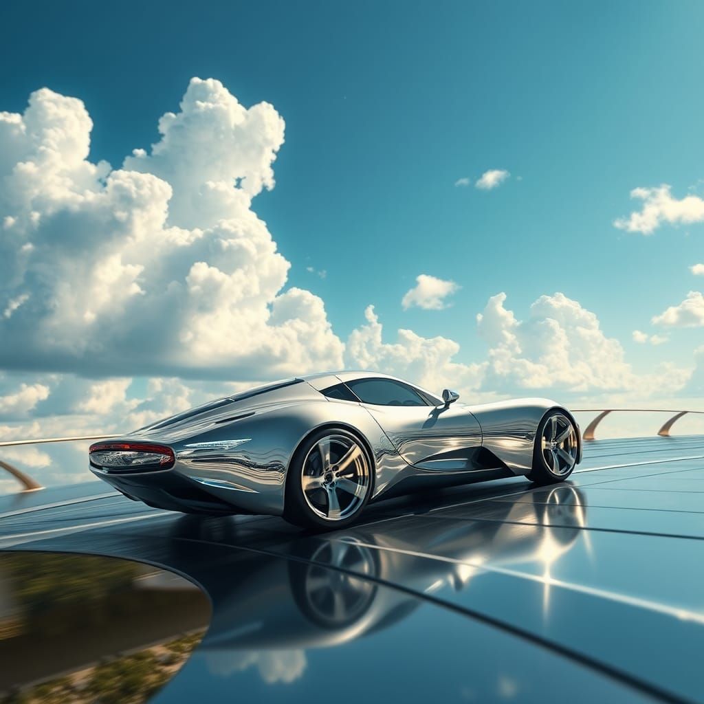 Sleek Silver Sports Car Speeds Across Futuristic Diamond-Sha...