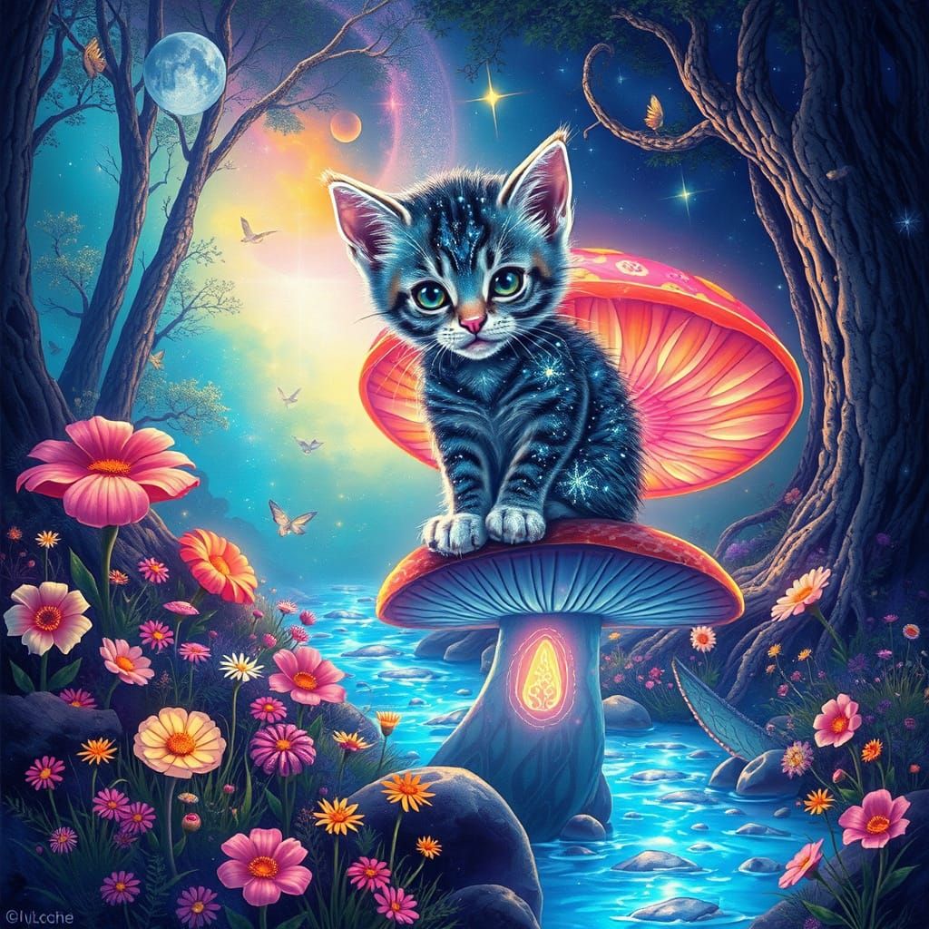 Iridescent Kitten in Bioluminescent Forest