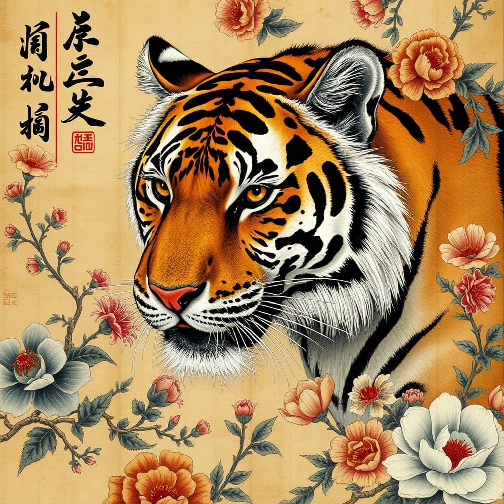 Elegant Tiger Silk Painting in Gouache and Watercolor Style