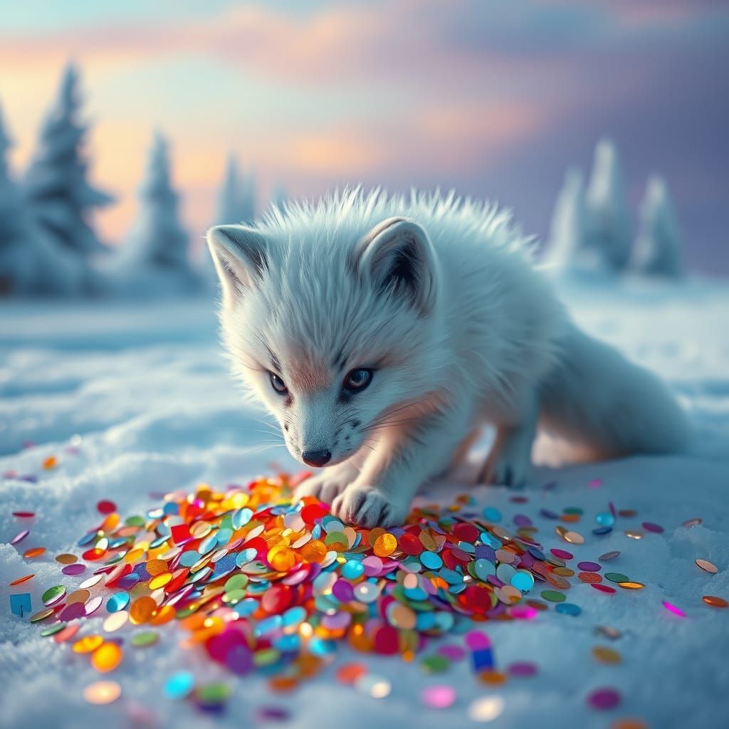 Whimsical Snowy Scene with Polar Fox Cub