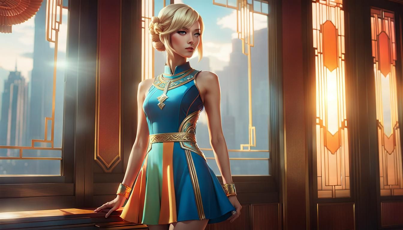 Surreal Art Deco Beauty Against Oriental Wallpaper