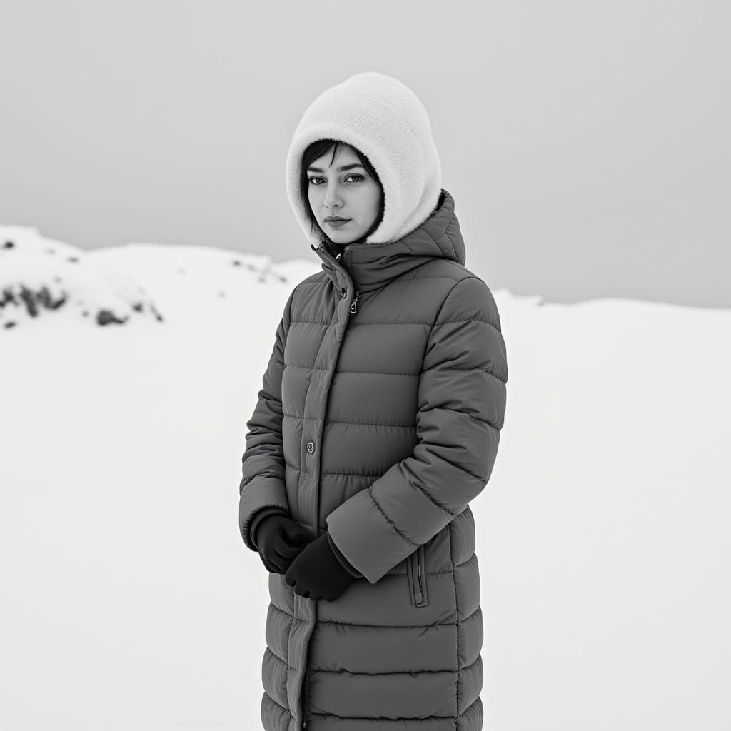 Icelandic Woman in Snowy Landscape: Minimalist Art