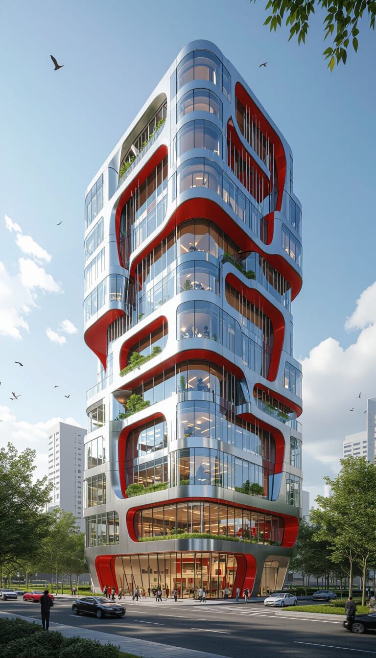 Futuristic High-Rise Building with Suspended Garden