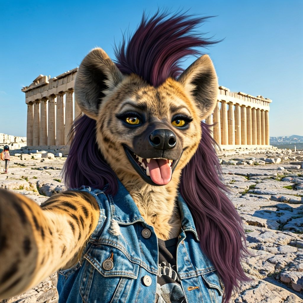 Anthropomorphic Hyena Selfie at Parthenon Ruins