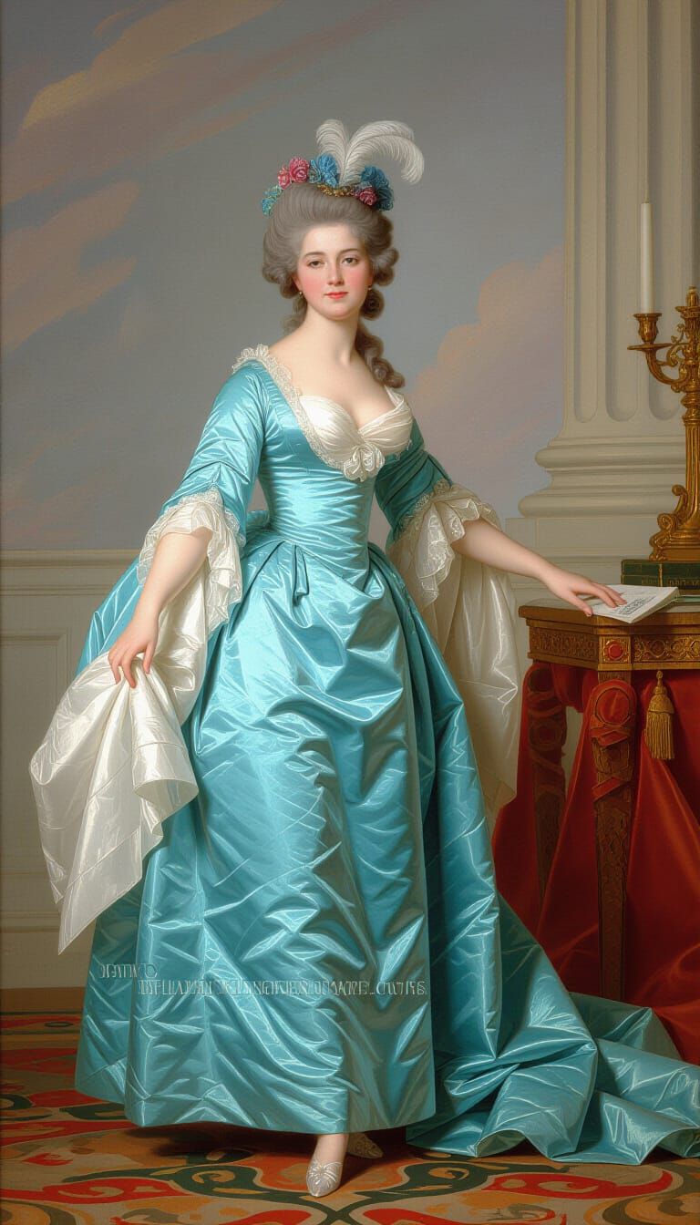 Portrait of a regal lady in the style of Elisabeth Louise Vigée Le Brun, full body