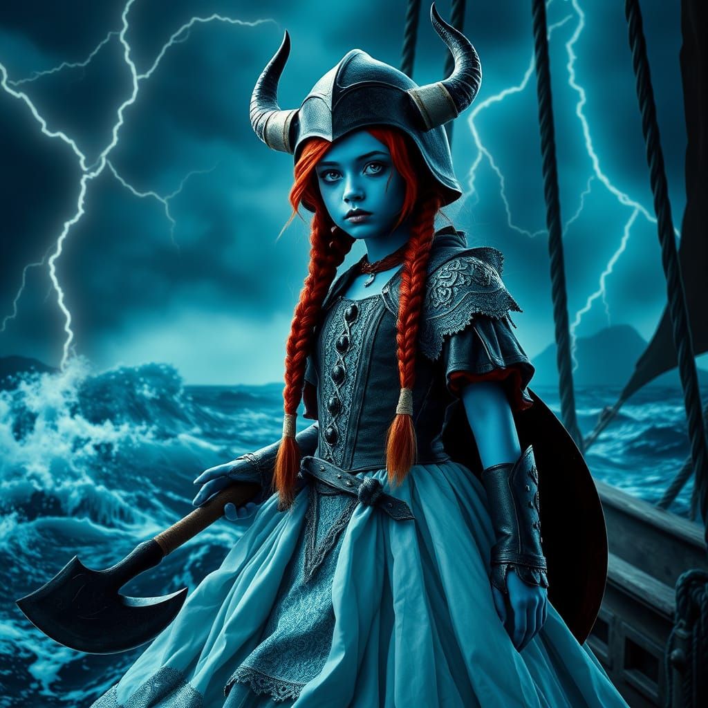 Viking Smurfette's Daughter on Drakkar Ship in Storm