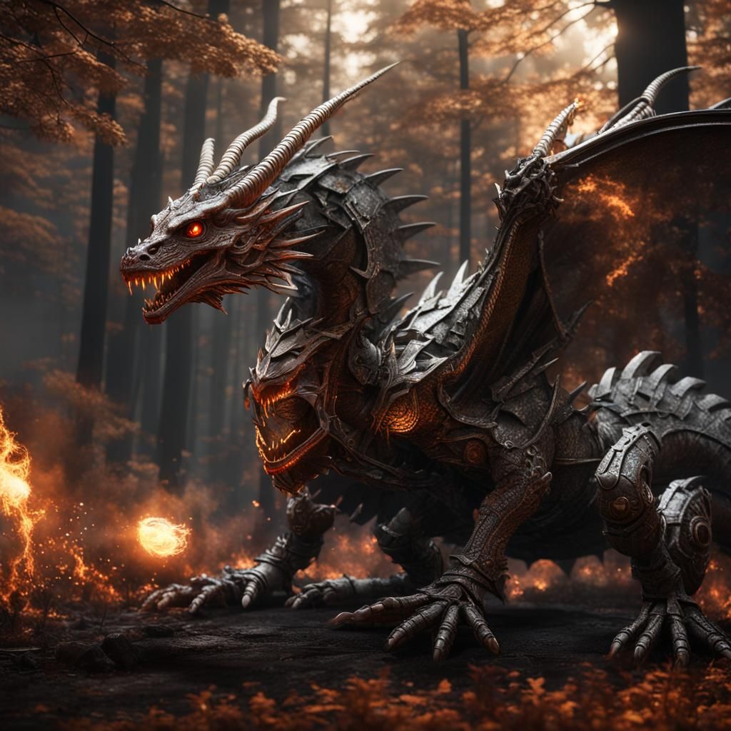 Modern Steampunk Fire Dragon Sculpture in Charcoal and Metal