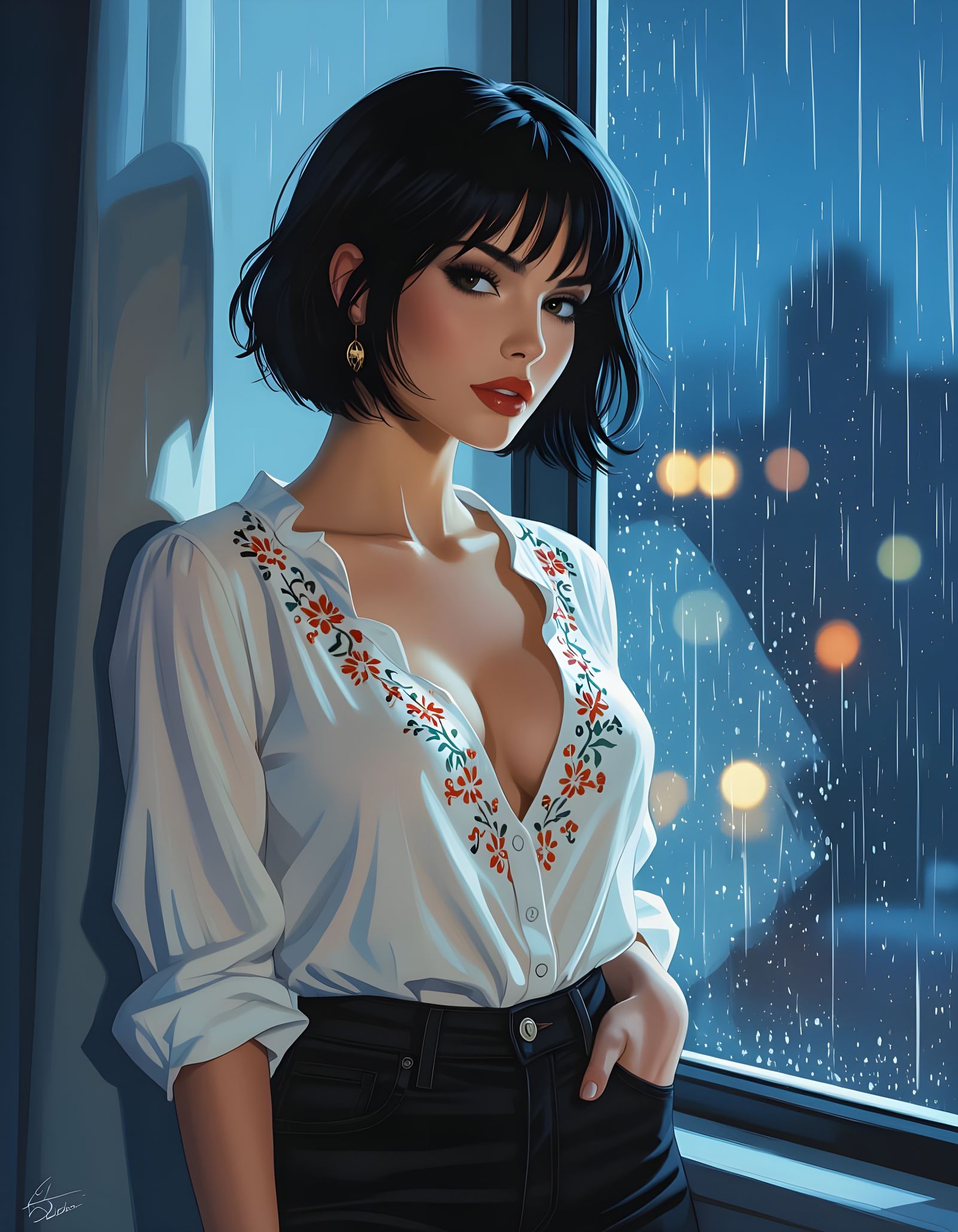 Cinematic Comic Art: Woman Watches Rainy Night