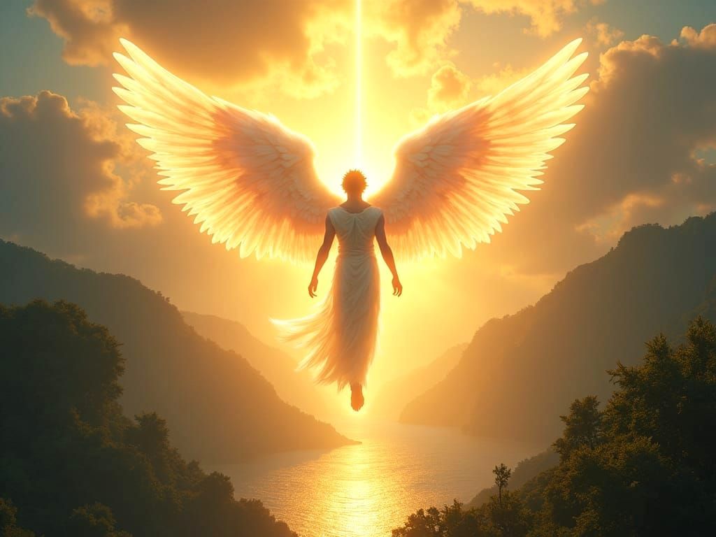 Divine Angel Descends onto a Serene Fantasy Landscape in Spl...