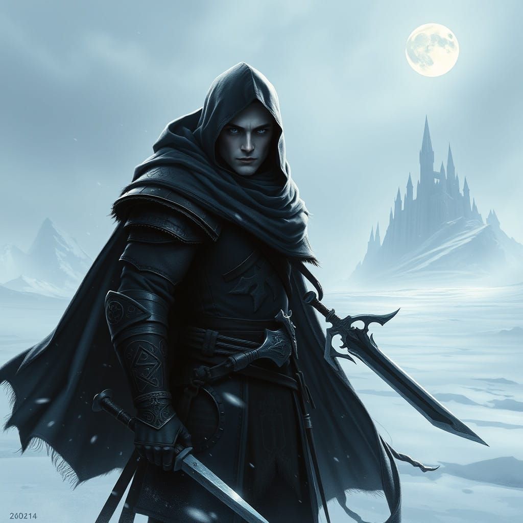 Snow Elf Warrior Stands Resolute in Frozen Tundra Under Pale...