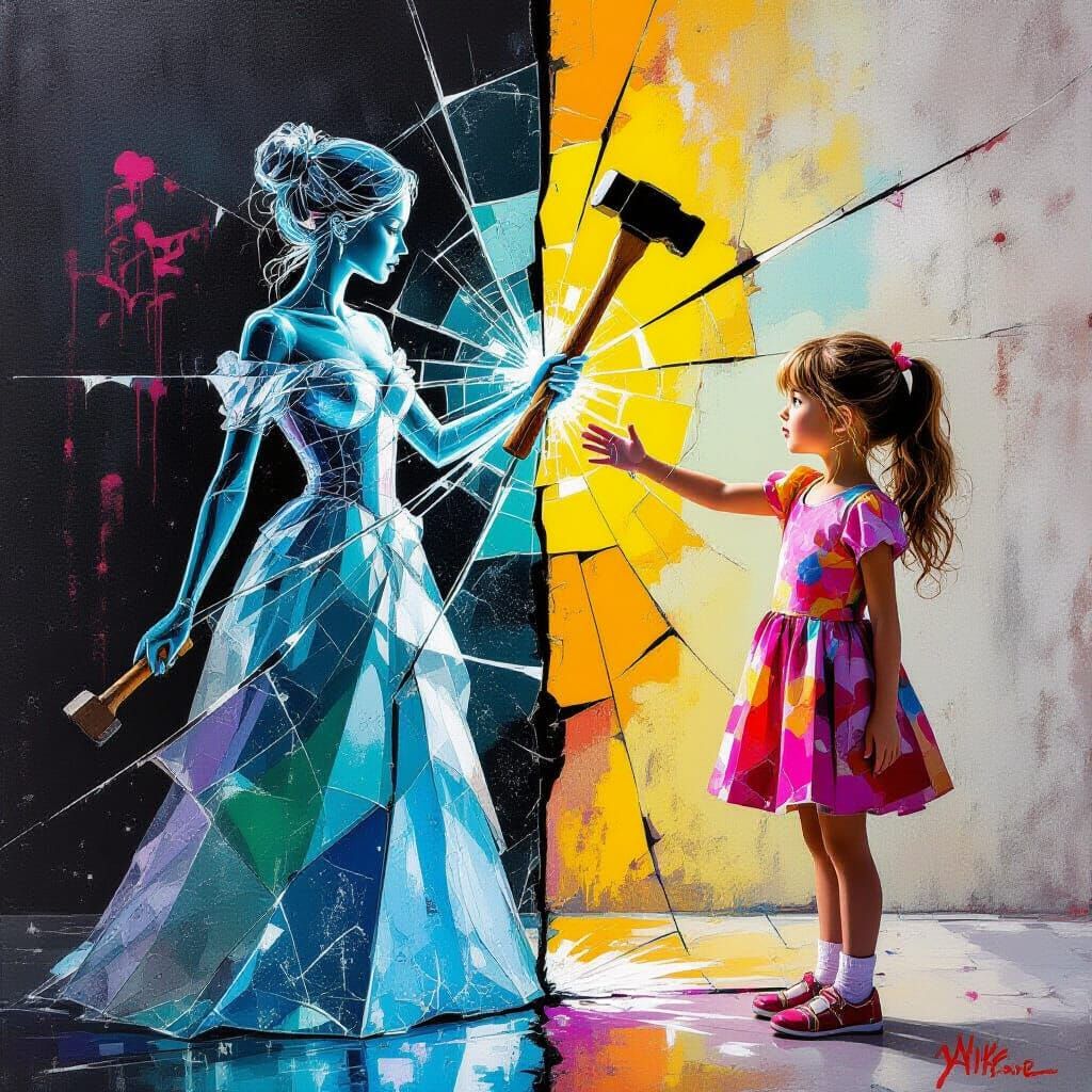 Fragile Glass Lady in Vibrant Graffiti Style