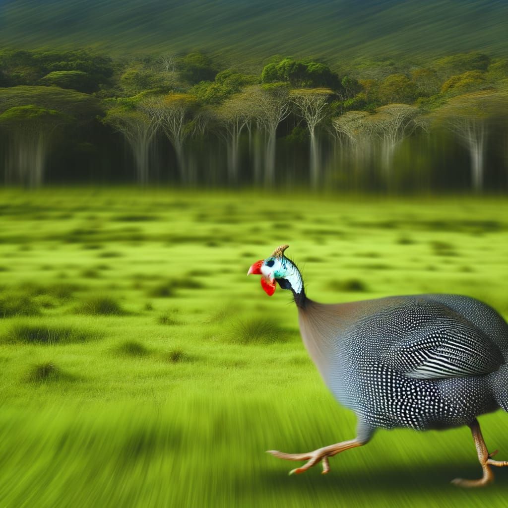 Guinea Fowl Running in Green Meadow Wildlife Photo