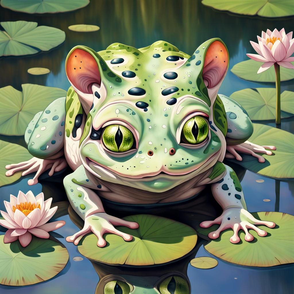 Hyperrealistic Cat Frog Emerges from Water Lily Pond