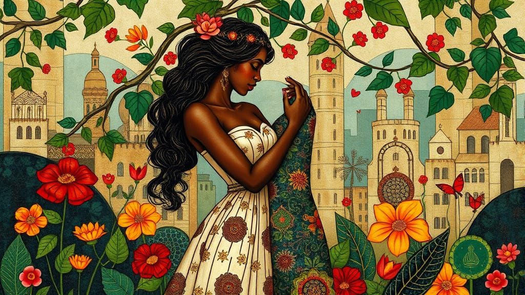 Whimsical Art Nouveau Lovers in a Vibrant Garden