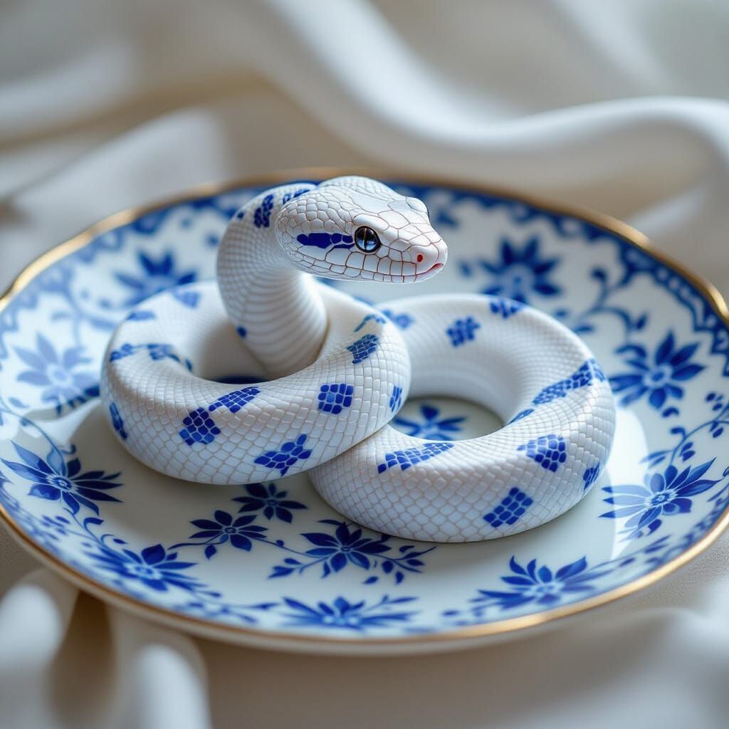 Photorealistic White Snake with Blue Gzhel Patterns on Porce...