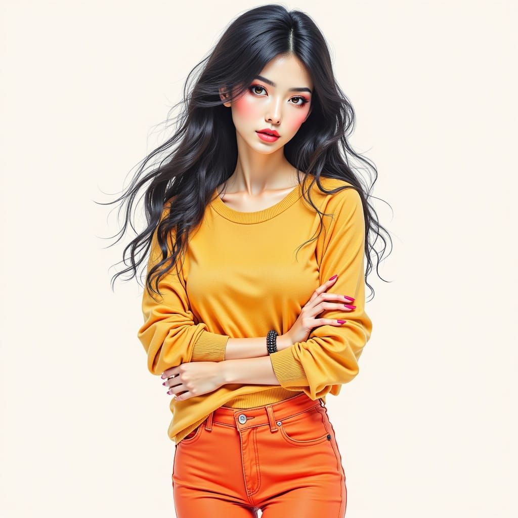 Modern Japanese Woman Hugs Fox in Watercolor Style