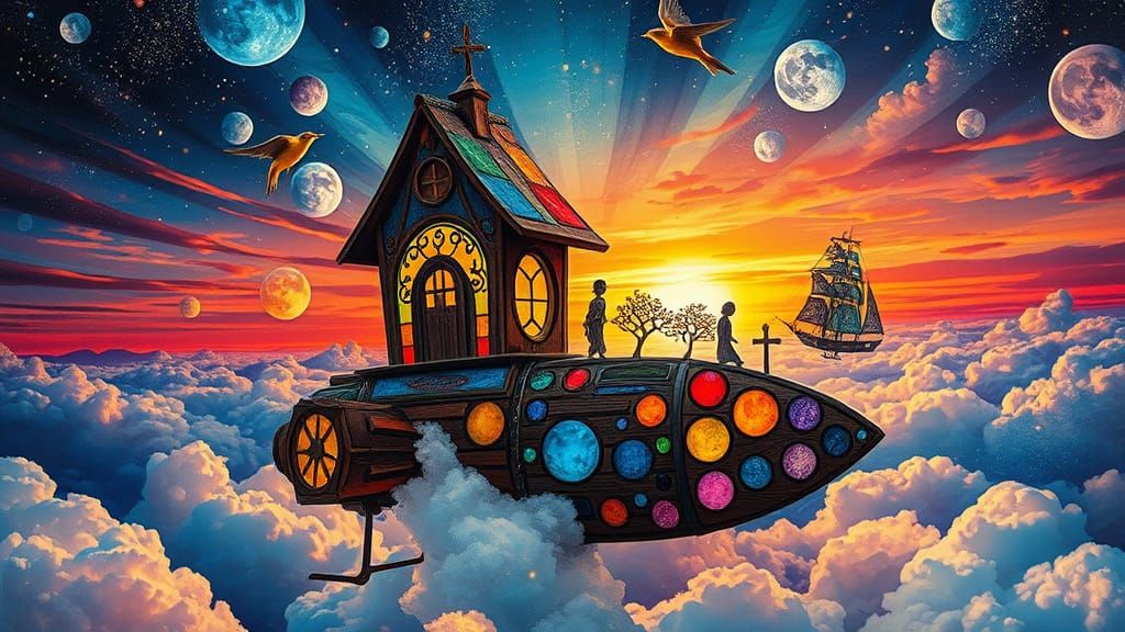Surreal Birdhouse Spaceship Sailing Through Sunset Galaxy