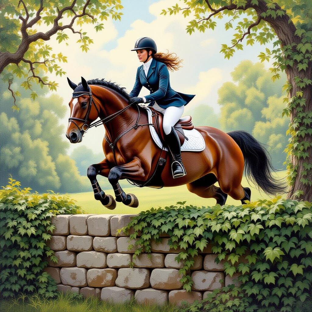 Fantasy Oil Painting of Horse and Rider Leaping