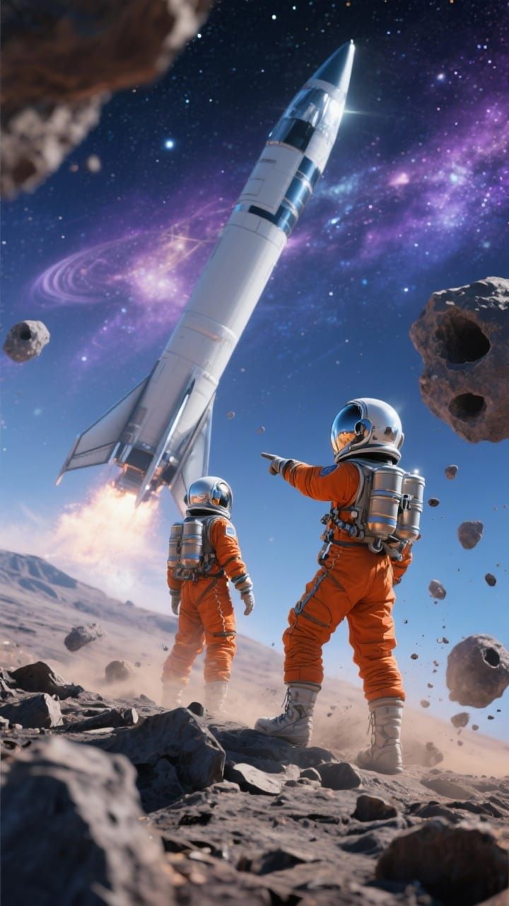 Retro Space Exploration: Astronauts on Asteroid with Rocket