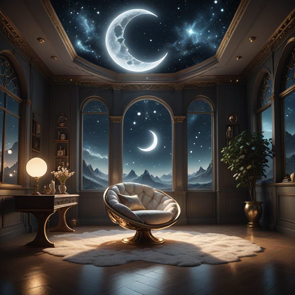 Celestial Room With Floating Moons and Stars